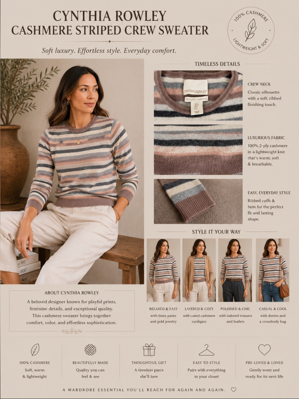 Cynthia Rowley Cashmere Striped Crew Sweater in Dusty Pink, Cream & Charcoal